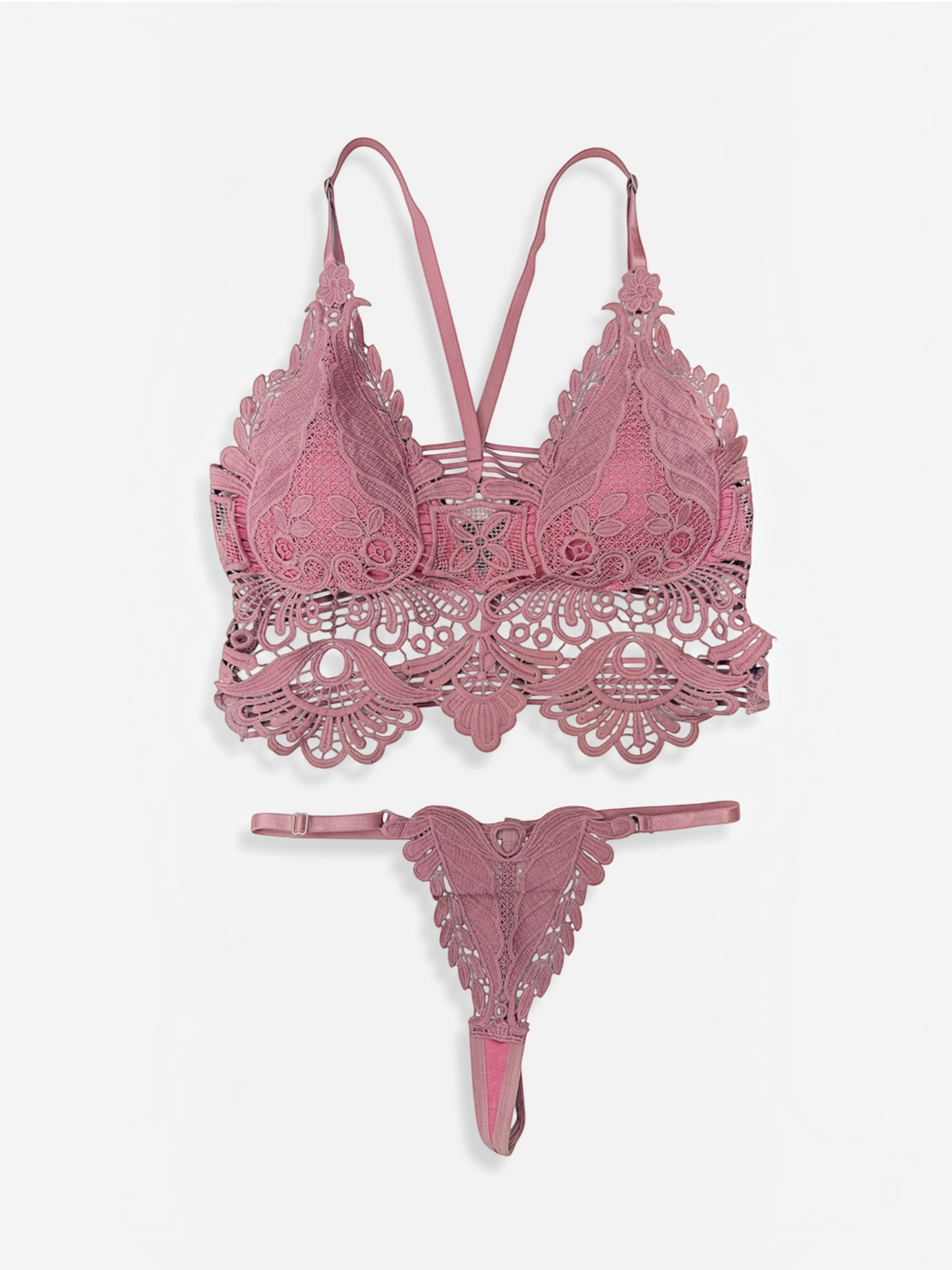 Ensemble lingerie BROCK BELLE COM'ELLE en dentelle crochet rose avec brassière et string à détails travaillés