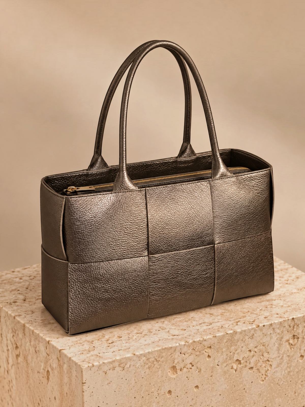 Sac cabas BROCK ZEEN Bella Classica en cuir Dollaro gris métallisé avec motif tressé et fermeture zippée