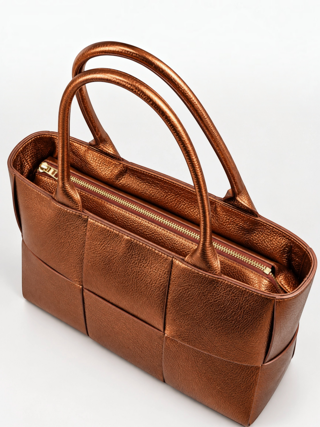 Sac cabas BROCK ZEEN Bella Classica en cuir Dollaro bronze métallisé avec motif tressé et fermeture zippée