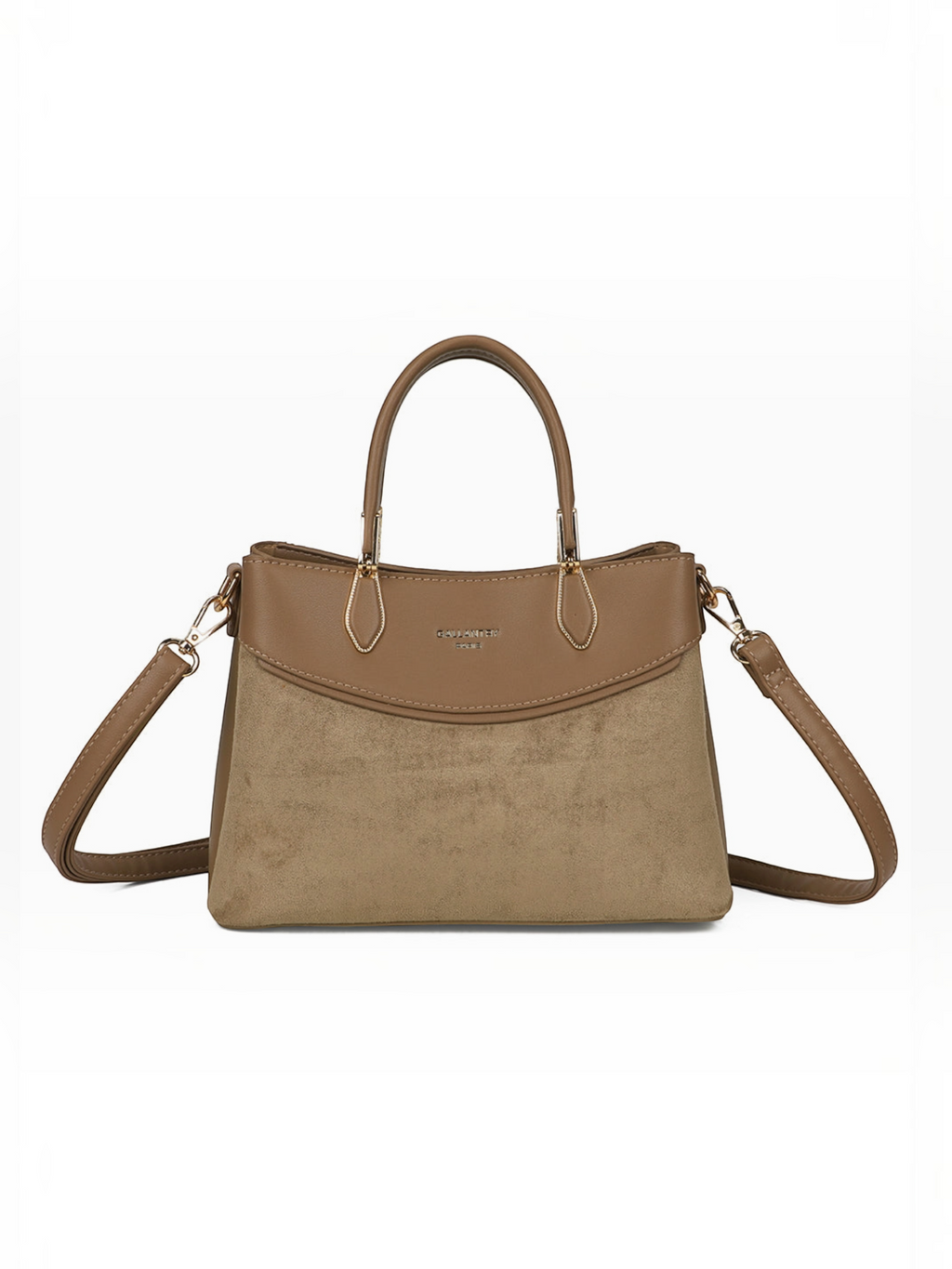 Sac à main BROCK GALLANTRY beige avec mélange de matières grainées et veloutées et détails métalliques dorés.