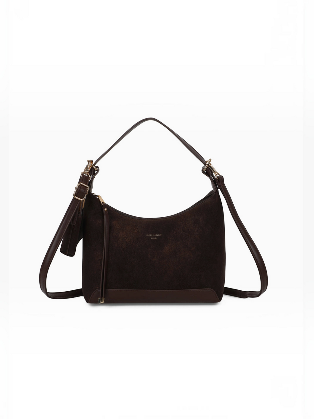Sac à main BROCK GALLANTRY marron en suédine avec anse, bandoulière et détails métalliques dorés