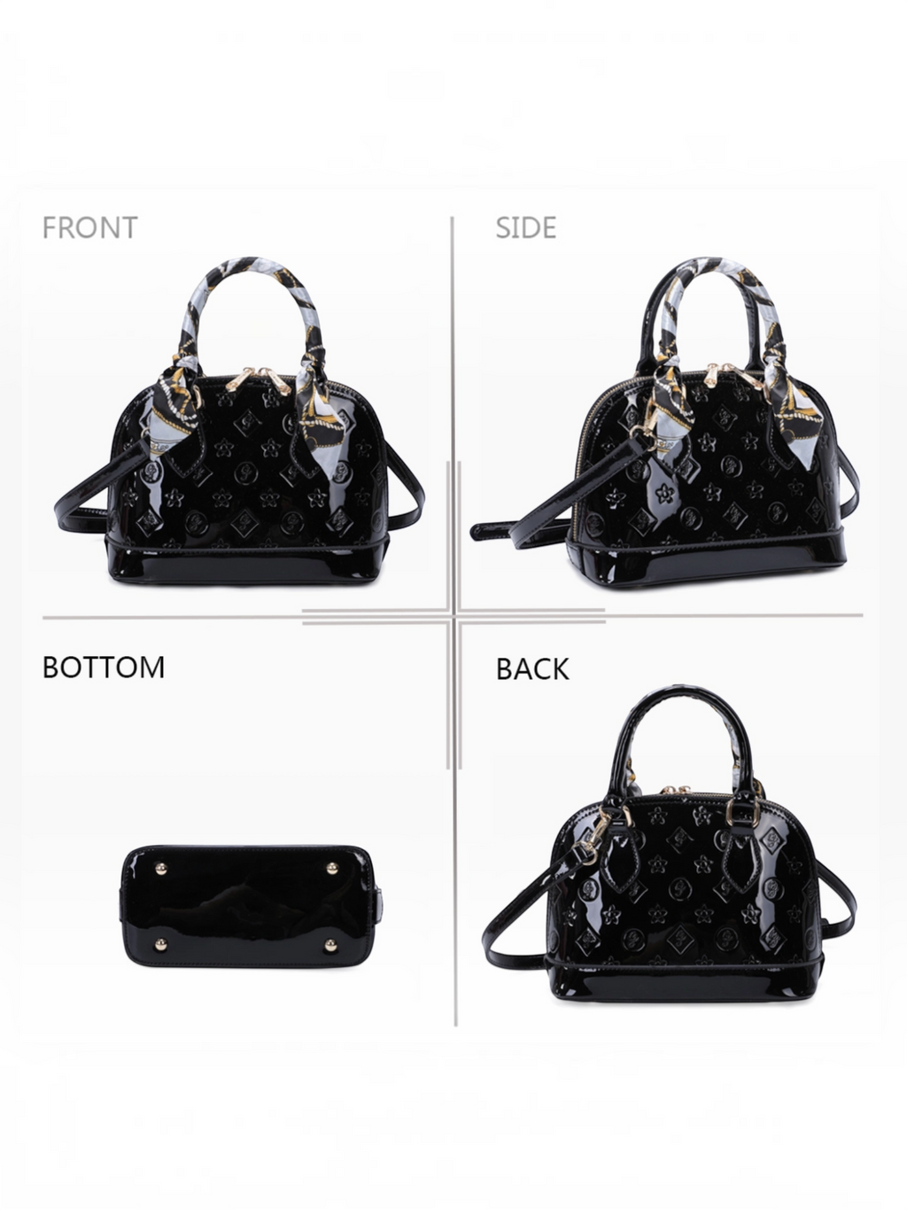 Sac à main verni noir GALLANTRY Le Rosélis avec motifs en relief, détails dorés et foulard noué sur la poignée