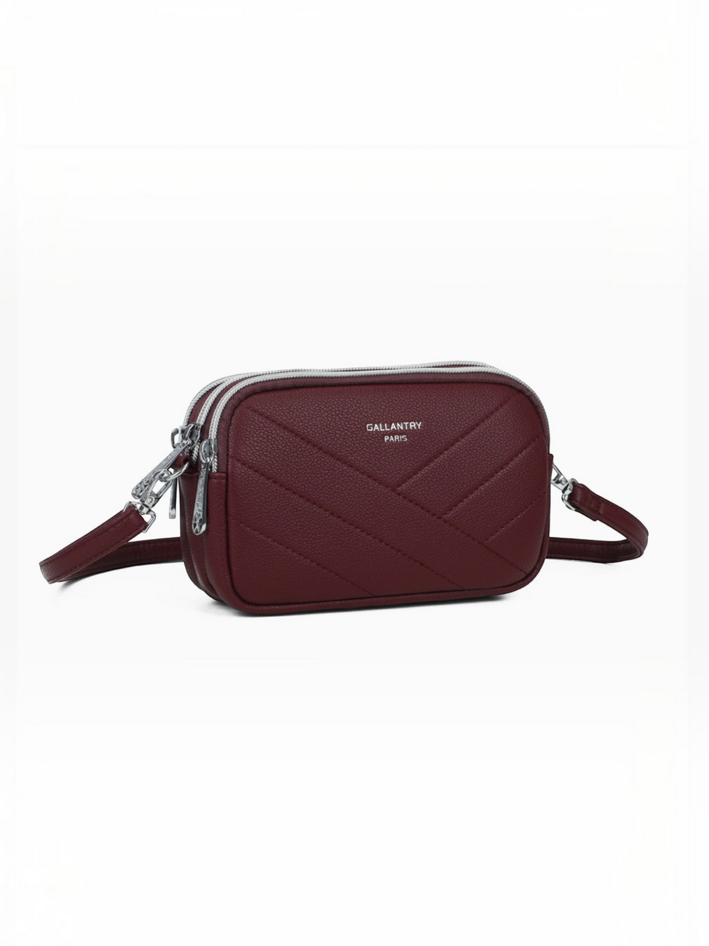 Sac bandoulière BROCK GALLANTRY bordeaux en matière grainée avec surpiqûres chevrons et finitions argentées