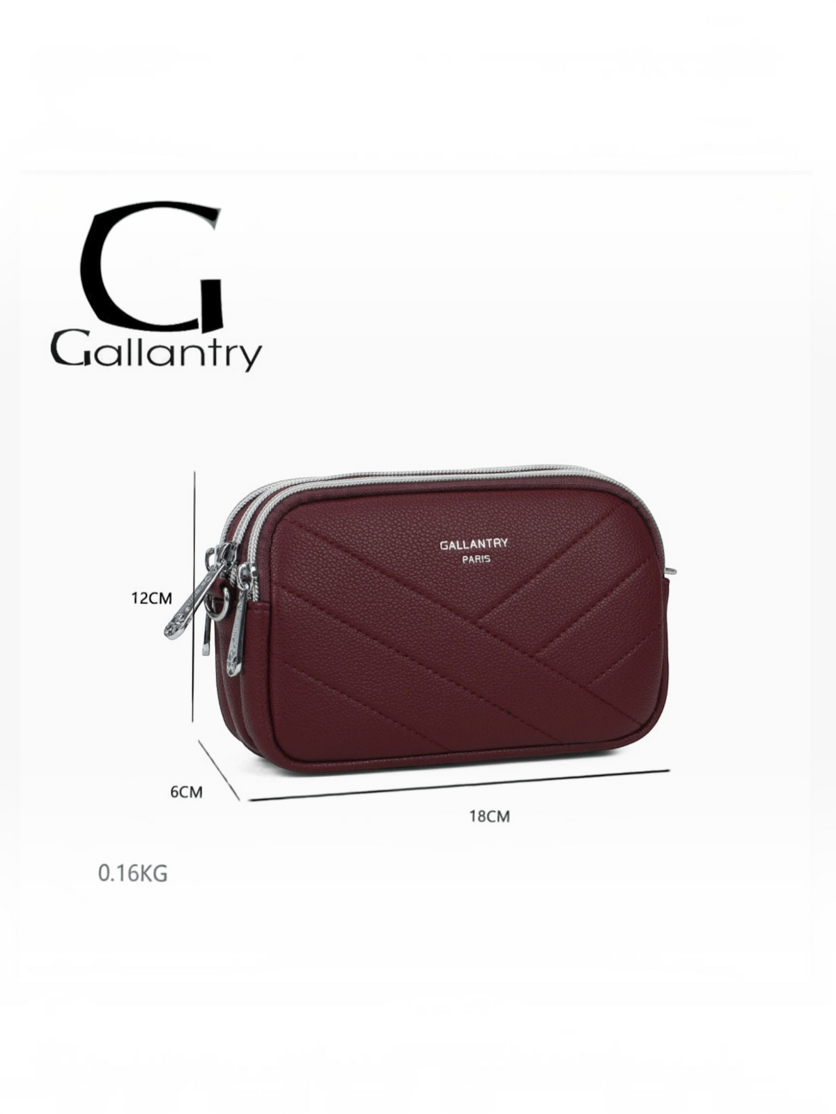Sac bandoulière BROCK GALLANTRY bordeaux en matière grainée avec surpiqûres chevrons et trois compartiments zippés