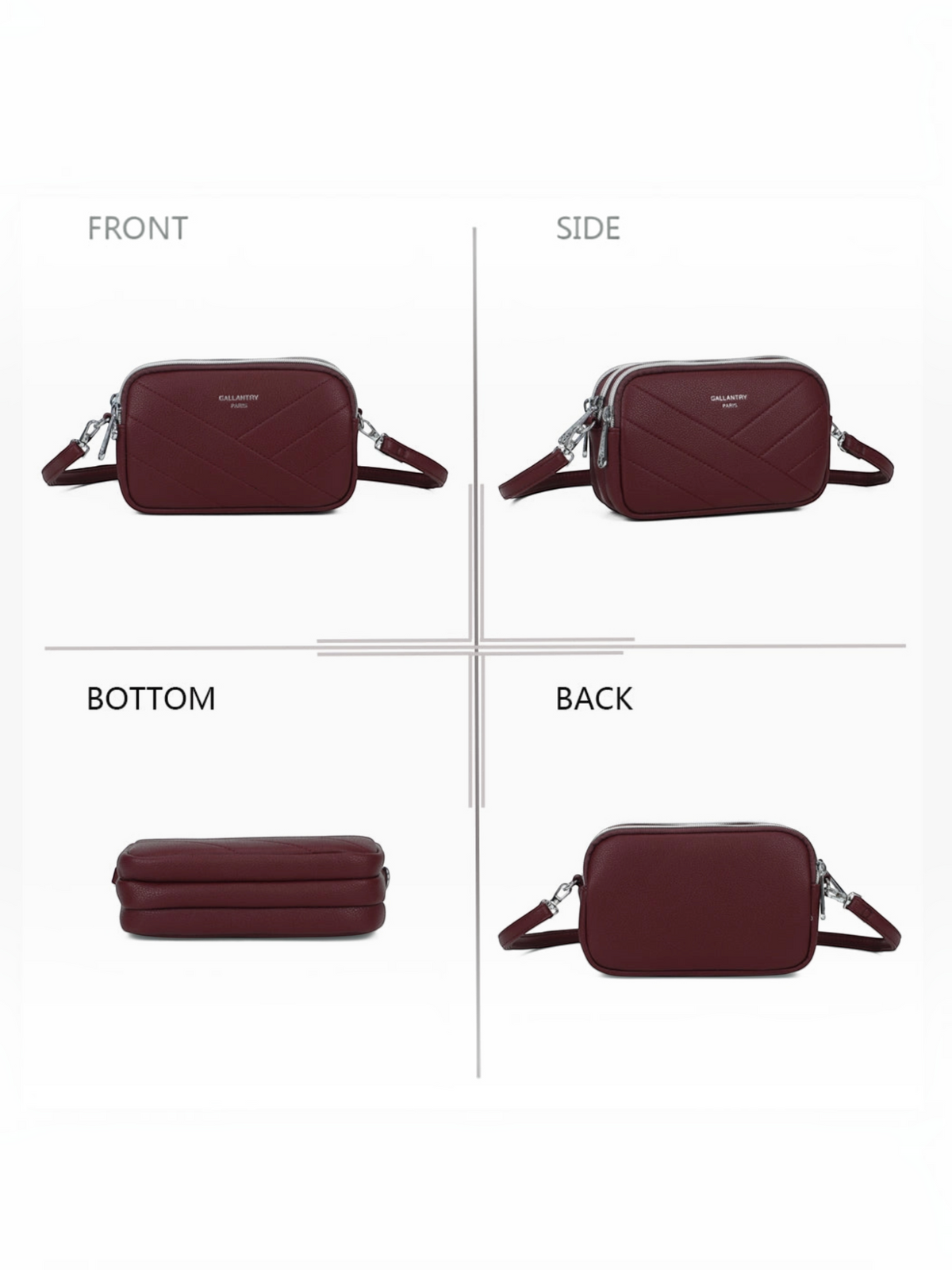Sac bandoulière BROCK GALLANTRY La Nox bordeaux grainé avec surpiqûres chevrons et finitions argentées, vues multiples