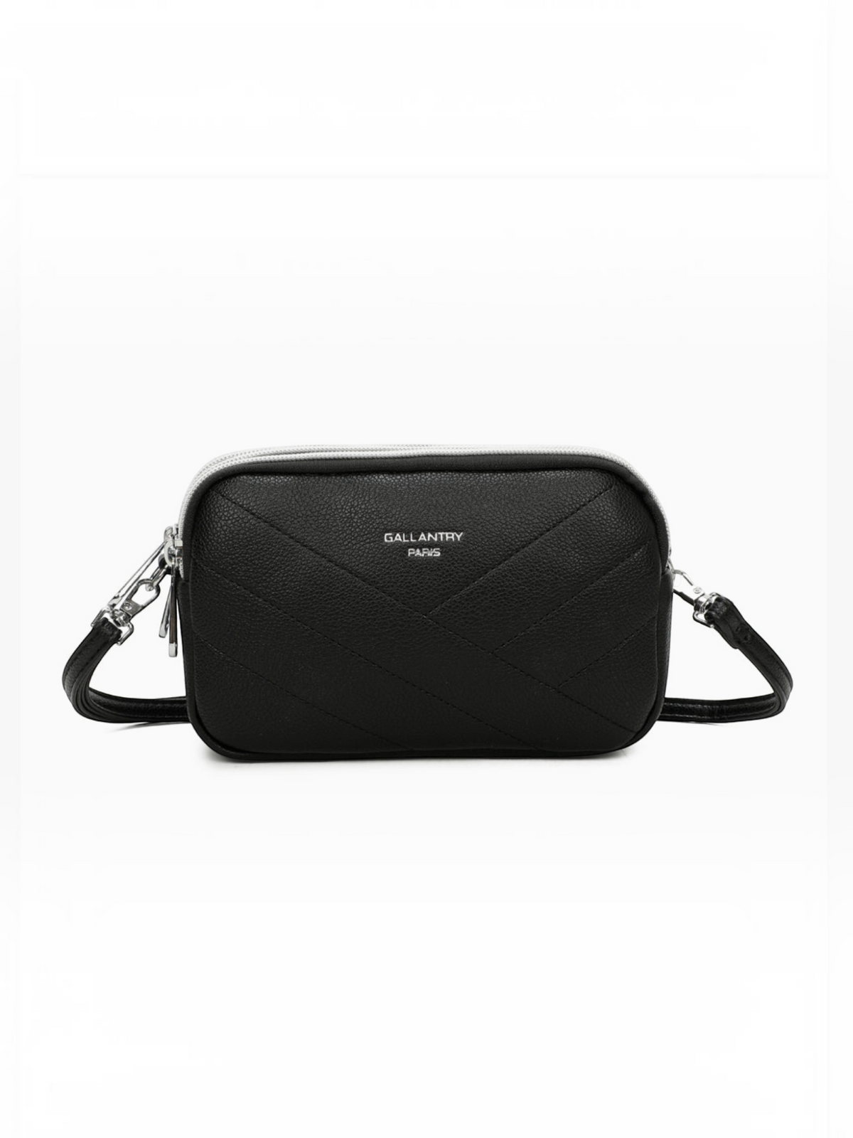 Sac bandoulière noir BROCK GALLANTRY en matière grainée avec surpiqûres chevrons et détails métalliques argentés.