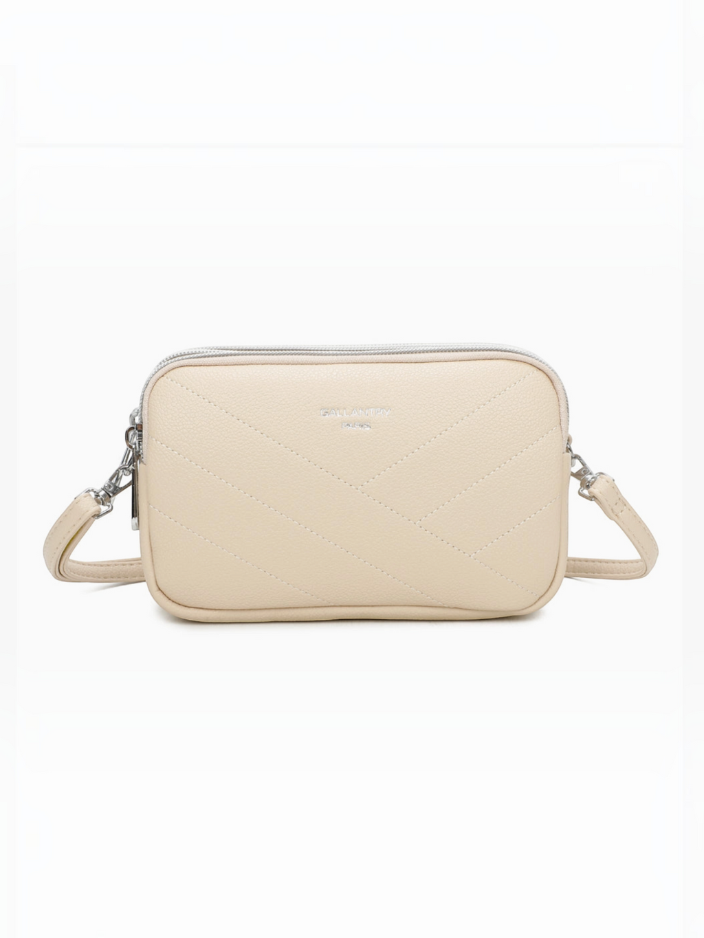 Sac bandoulière BROCK GALLANTRY beige grainé avec surpiqûres chevrons et détails métalliques argentés