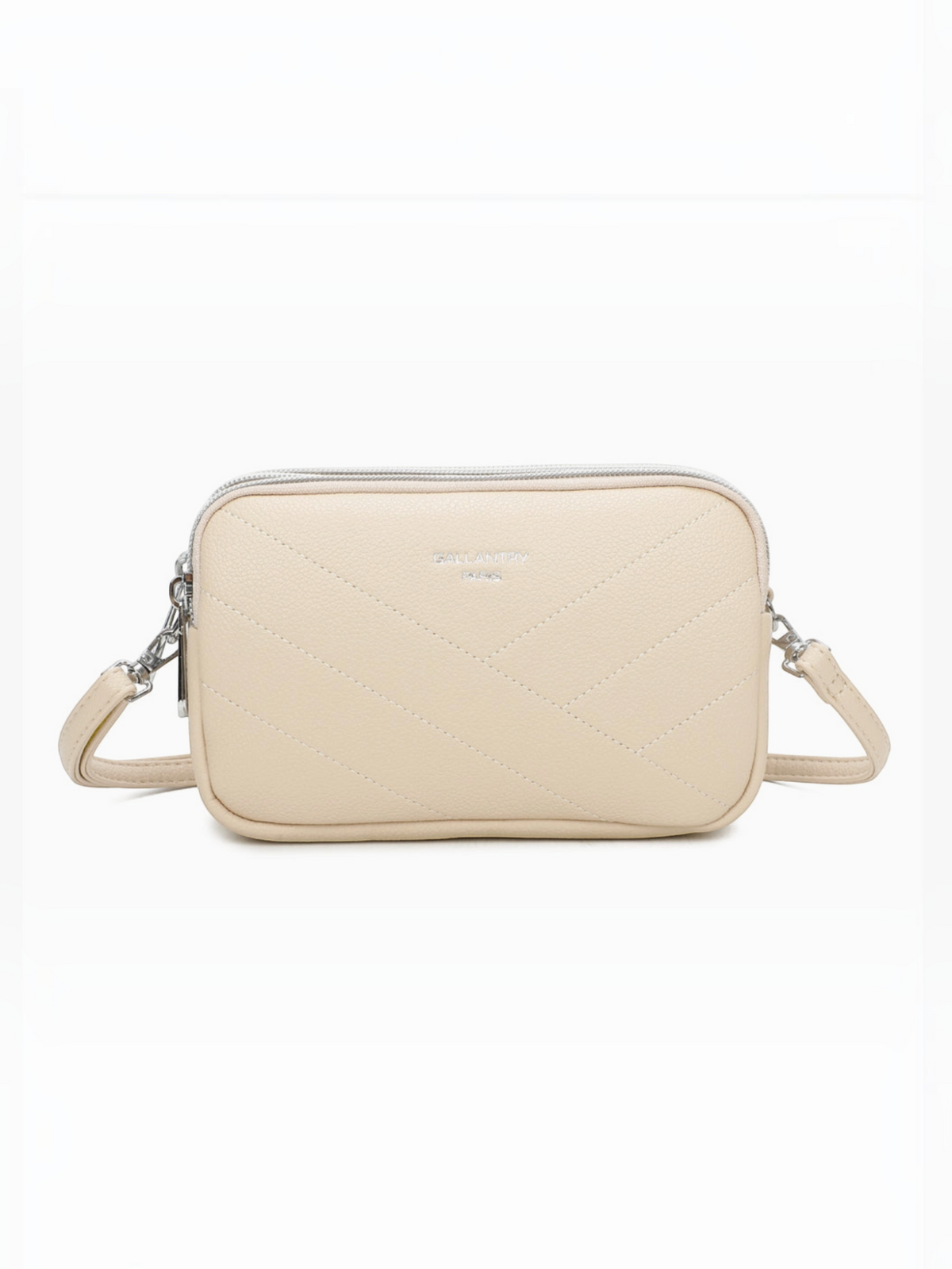 Sac bandoulière BROCK GALLANTRY beige grainé avec surpiqûres chevrons et détails métalliques argentés