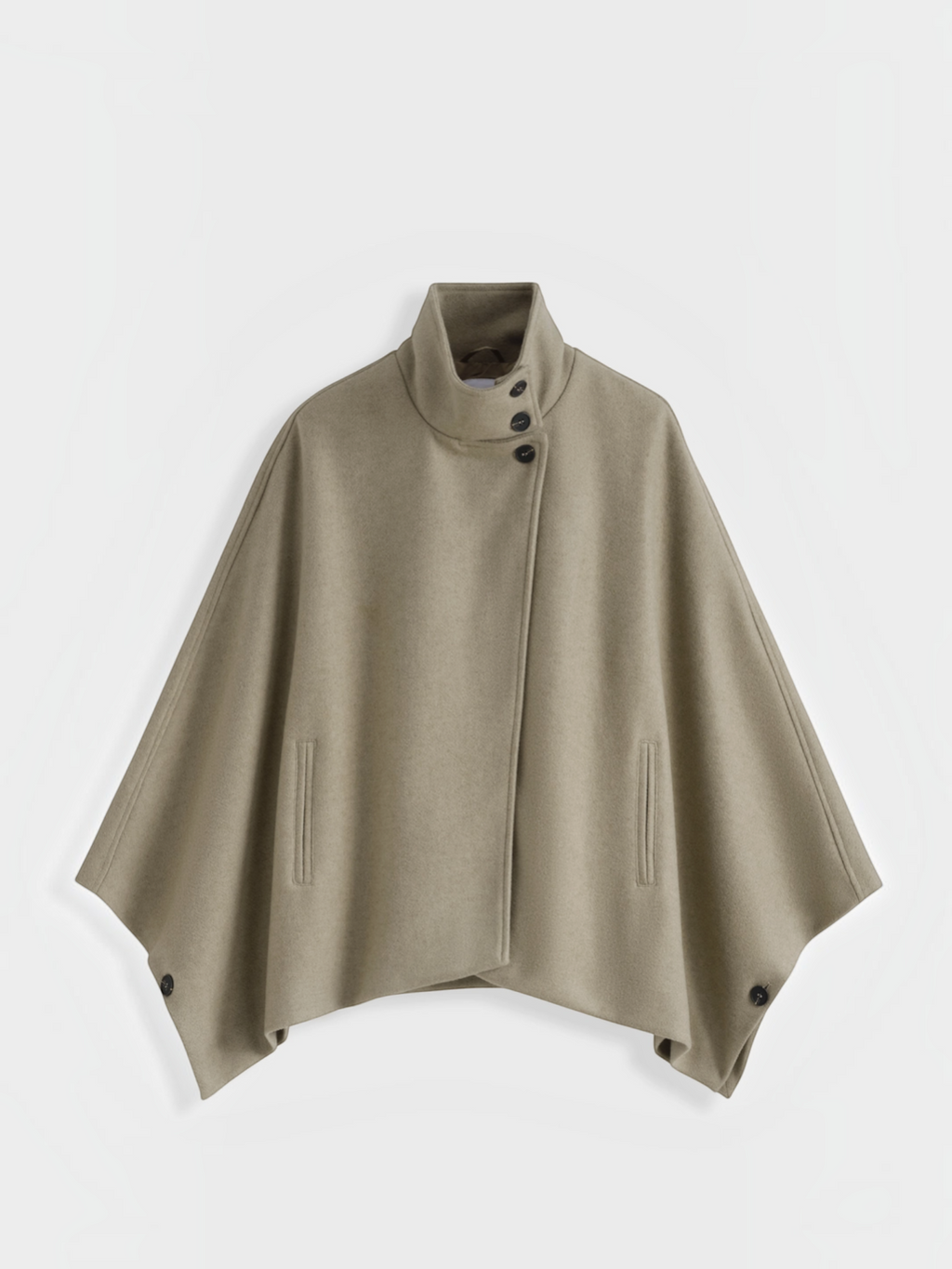 Cape BROCK COPPEROSE beige à col montant, boutonnage croisé et poches passepoilées en tissu aspect drap de laine