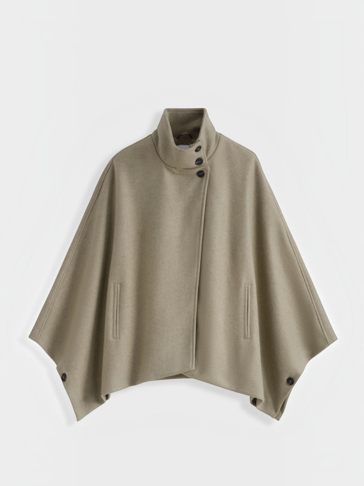 Cape BROCK COPPEROSE beige à col montant, boutonnage croisé et poches passepoilées en tissu aspect drap de laine