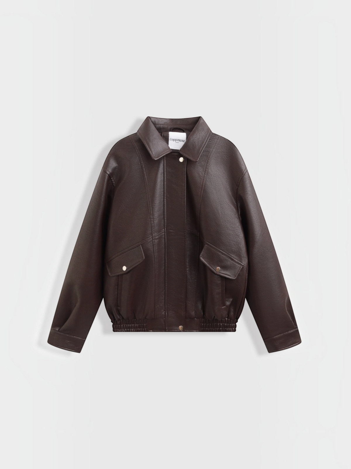 Veste bomber BROCK en similicuir marron avec col rabattu, poches à rabats et ourlet élastiqué