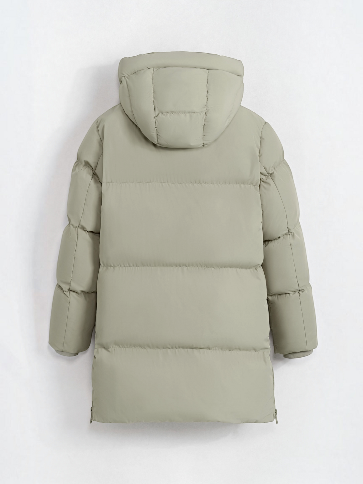 Doudoune mi-longue matelassée BROCK couleur vert sauge avec capuche, en polyester, vue de dos