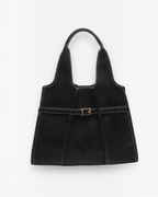 Sac cabas noir BROCK BESTINI avec surpiqûres blanches, fermoir décoratif doré et double porté épaule et bandoulière