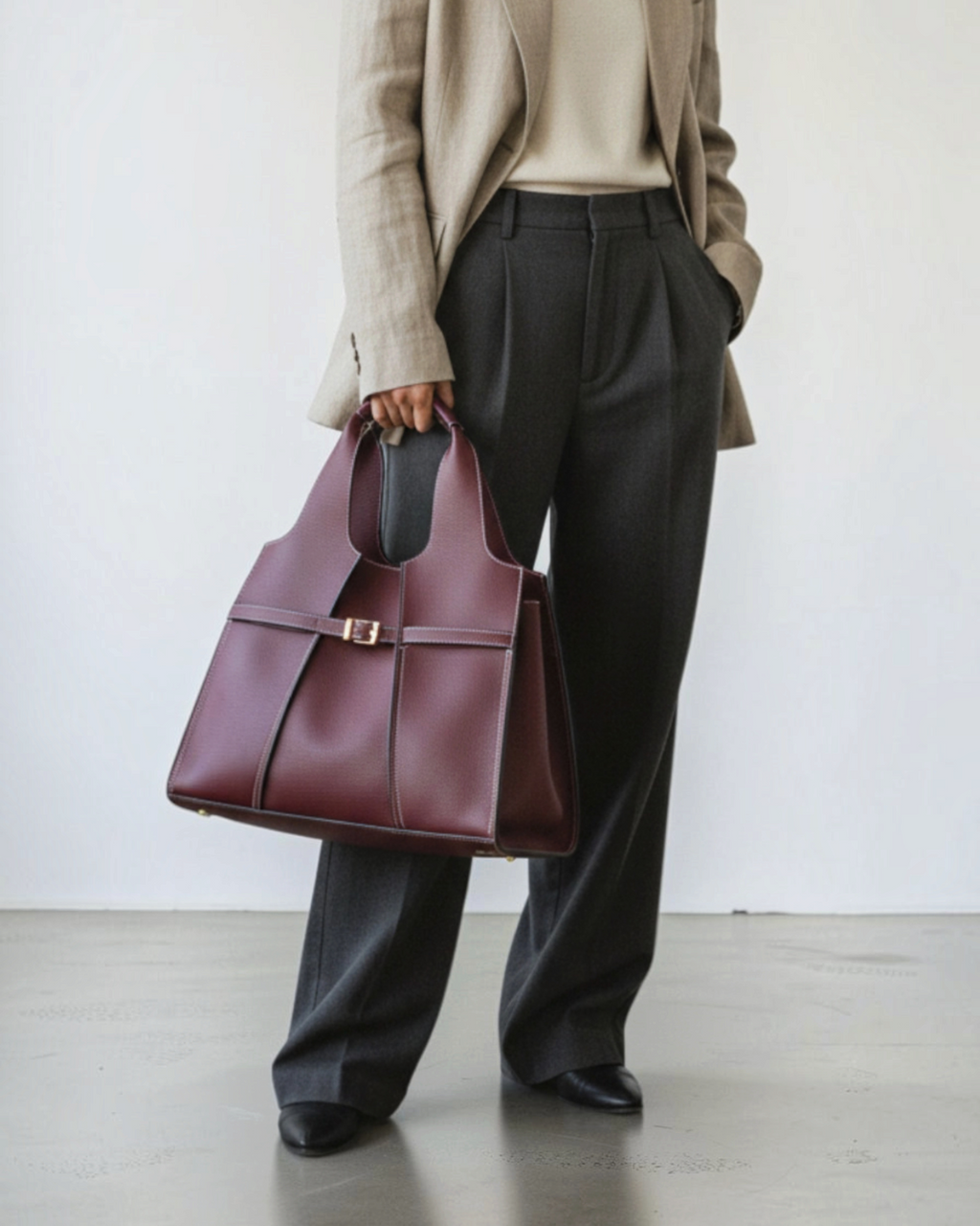 Sac cabas BROCK BESTINI bordeaux avec surpiqûres et fermoir décoratif porté à la main par une femme en tenue chic