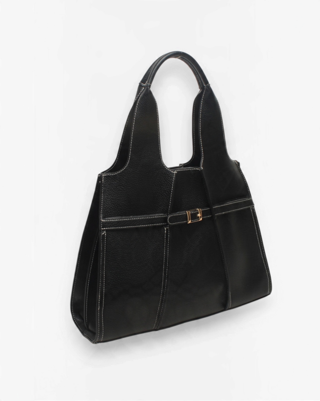 Sac cabas noir BROCK BESTINI avec surpiqûres blanches, fermoir décoratif et anses pour porté épaule