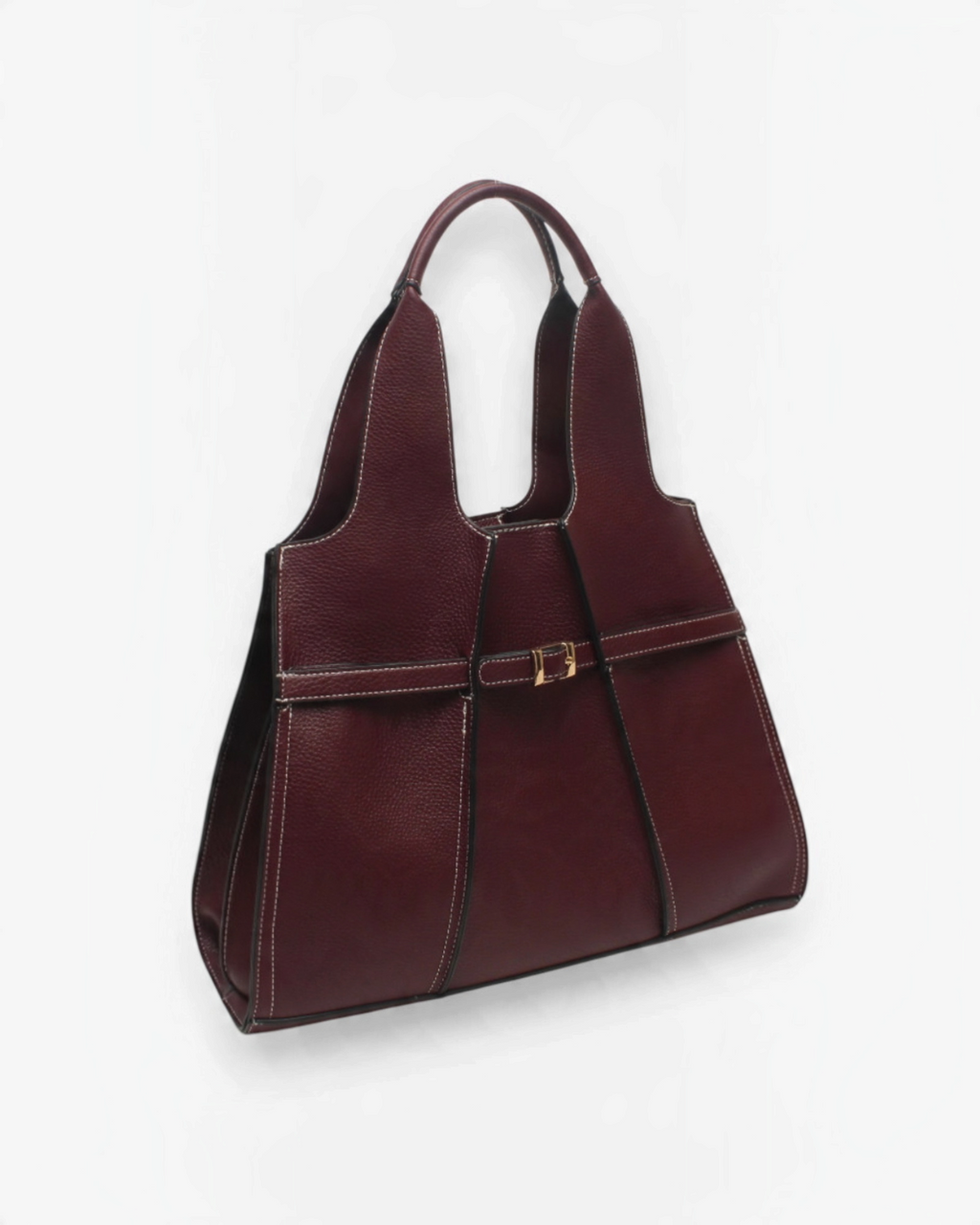 Sac cabas BROCK BESTINI bordeaux en cuir grainé avec surpiqûres contrastantes et fermoir décoratif doré