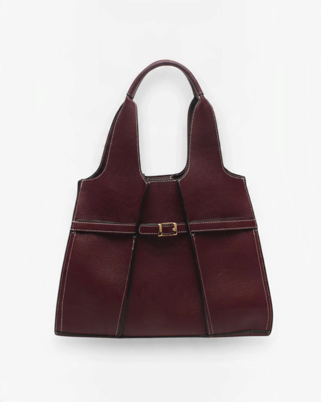 Sac cabas BROCK BESTINI bordeaux avec surpiqûres contrastantes, fermoir décoratif et bandoulière amovible.