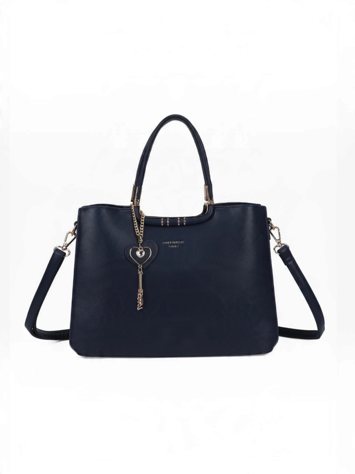 Sac à main BROCK GALLANTRY bleu marine en matière synthétique lisse avec bijou cœur doré et bandoulière amovible