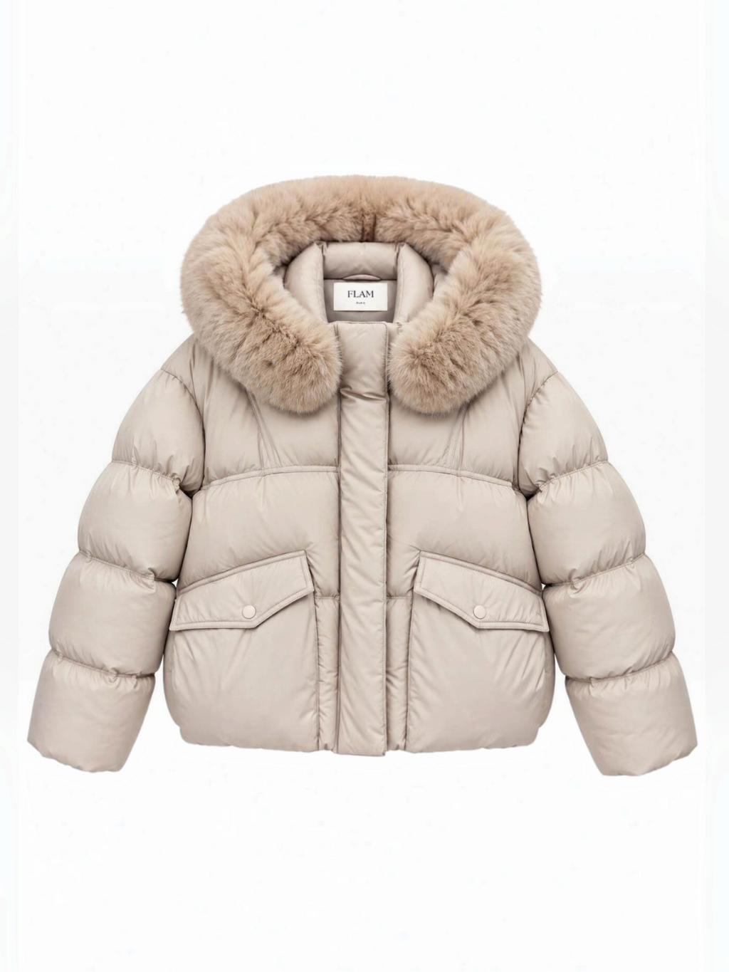 Doudoune courte matelassée beige BROCK avec capuche à fourrure synthétique et poches à rabat