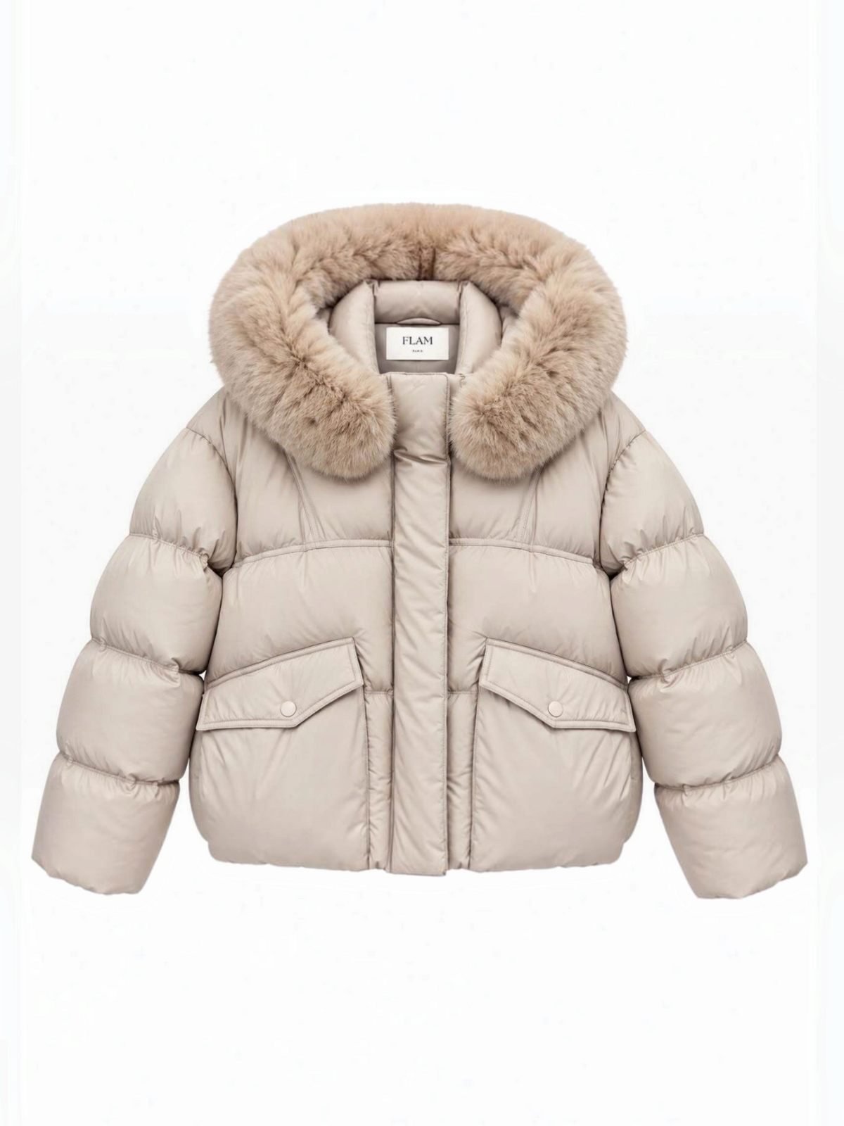 Doudoune courte matelassée beige BROCK avec capuche à fourrure synthétique et poches à rabat
