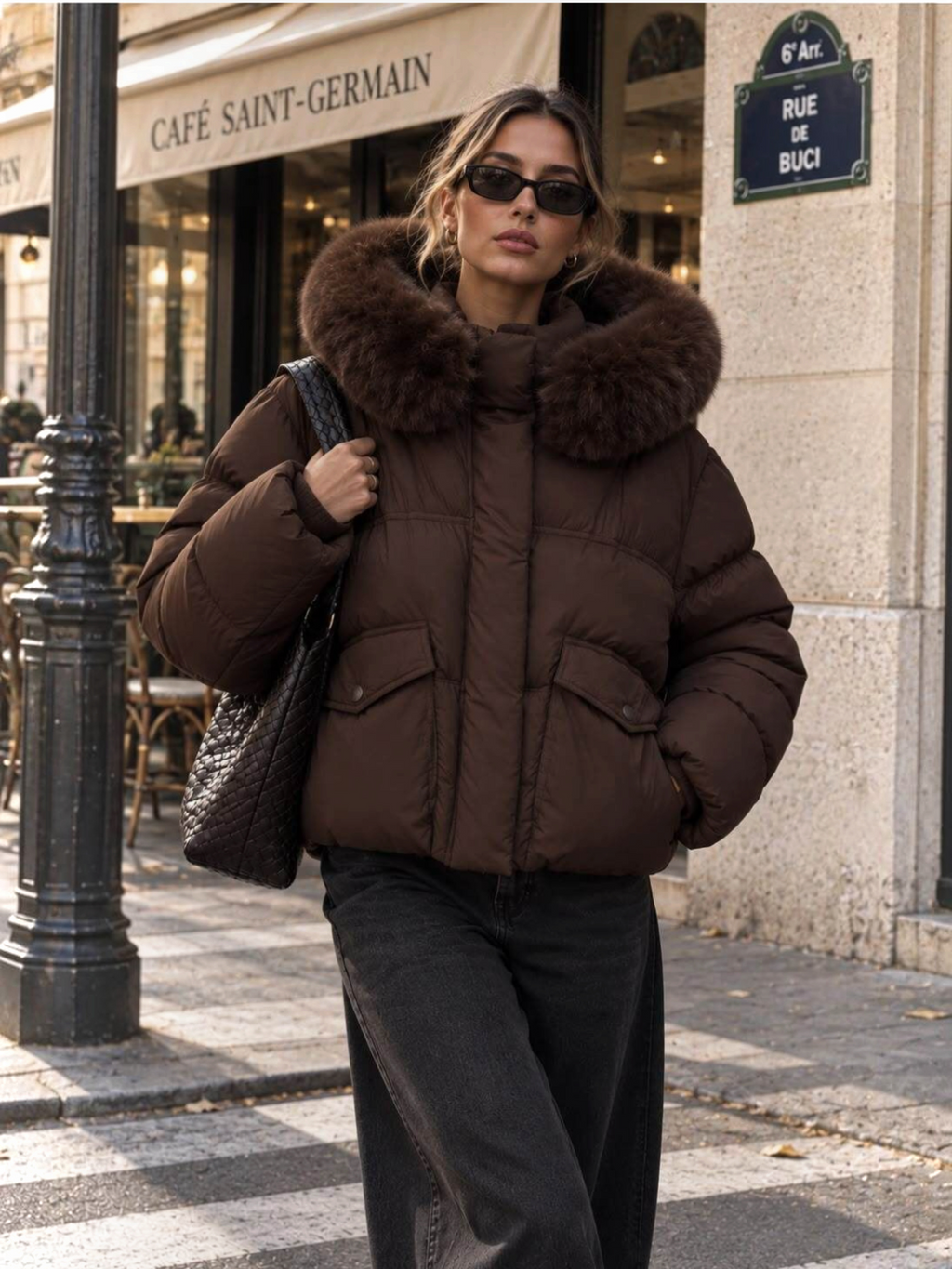 Femme portant une doudoune courte matelassée marron BROCK avec capuche fourrée et poches à rabat dans une rue parisienne