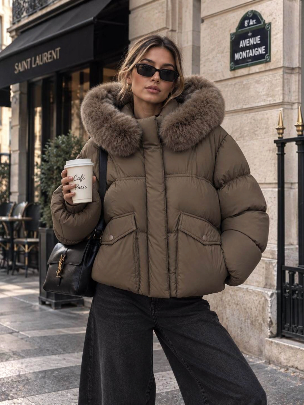 Femme portant une doudoune courte matelassée BROCK marron avec capuche fourrée et poches à rabat dans une rue parisienne