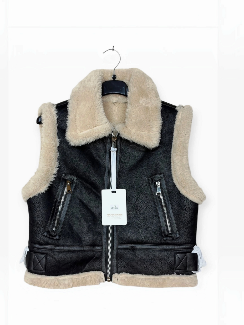 Veste sans manches à col en fausse fourrure et sangles