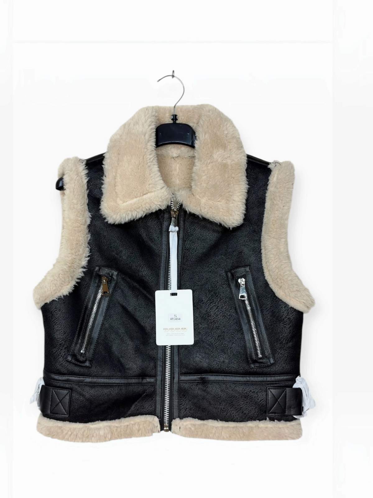 Veste sans manches à col en fausse fourrure et sangles
