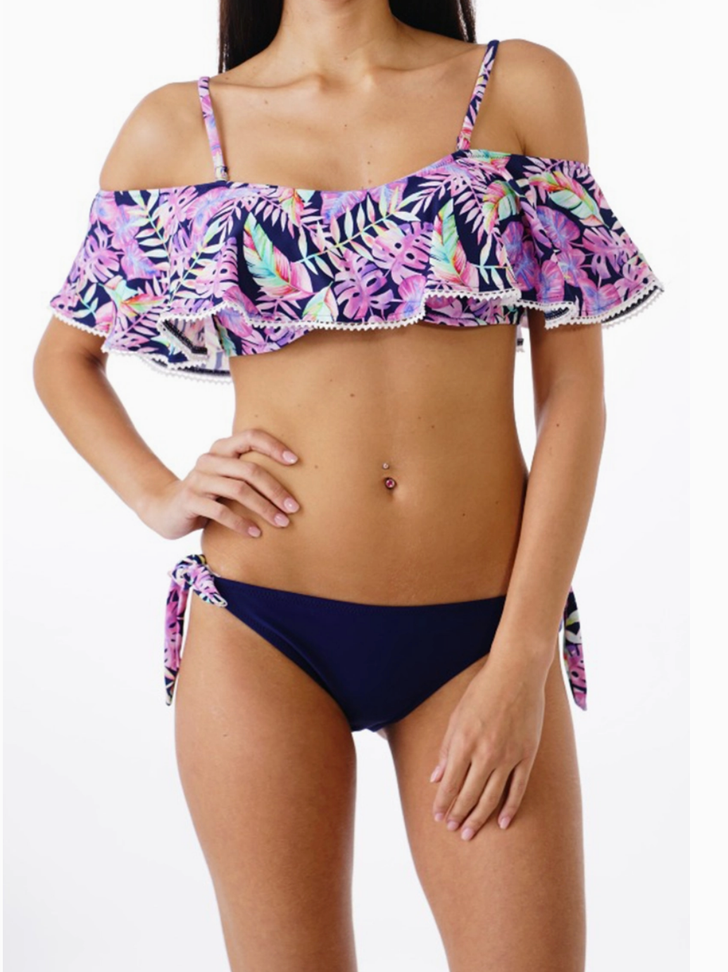 Bikini Bandeau à Volant Tropical - Maillot de Bain 2 Pièces Femme