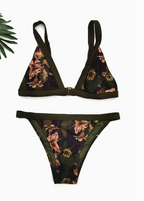 Maillot de Bain Bikini Triangle Fleuri Kaki - 2 Pièces Femme