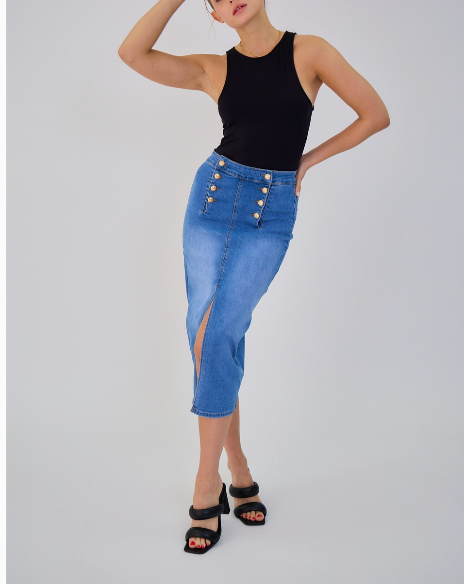 Jupe Longue Jean Femme Rétro - Fermeture 8 Boutons