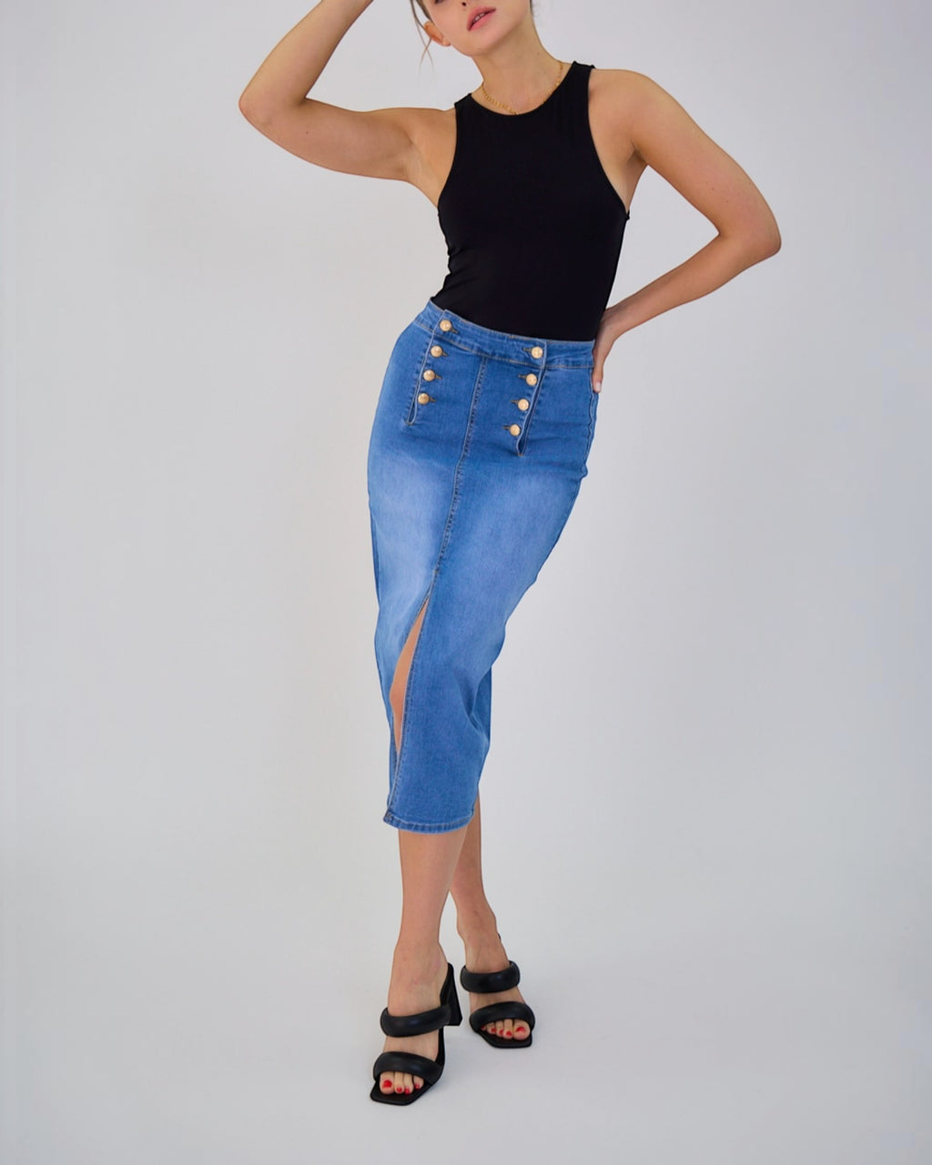 Jupe Longue Jean Femme Rétro - Fermeture 8 Boutons