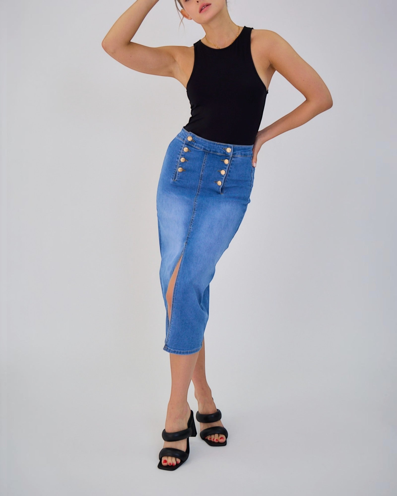 Jupe Longue Jean Femme Rétro - Fermeture 8 Boutons
