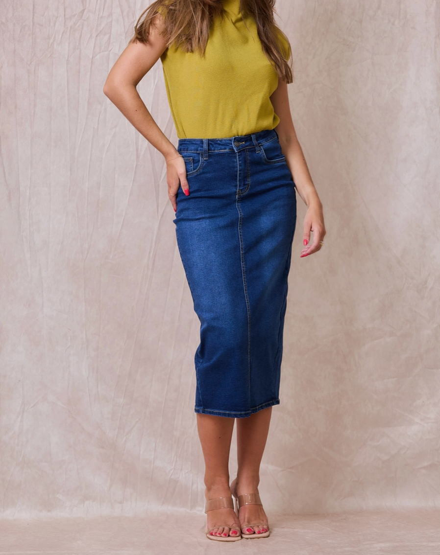 Jupe Longue Jean Femme Coton Stretch - Taille Mi-Haute