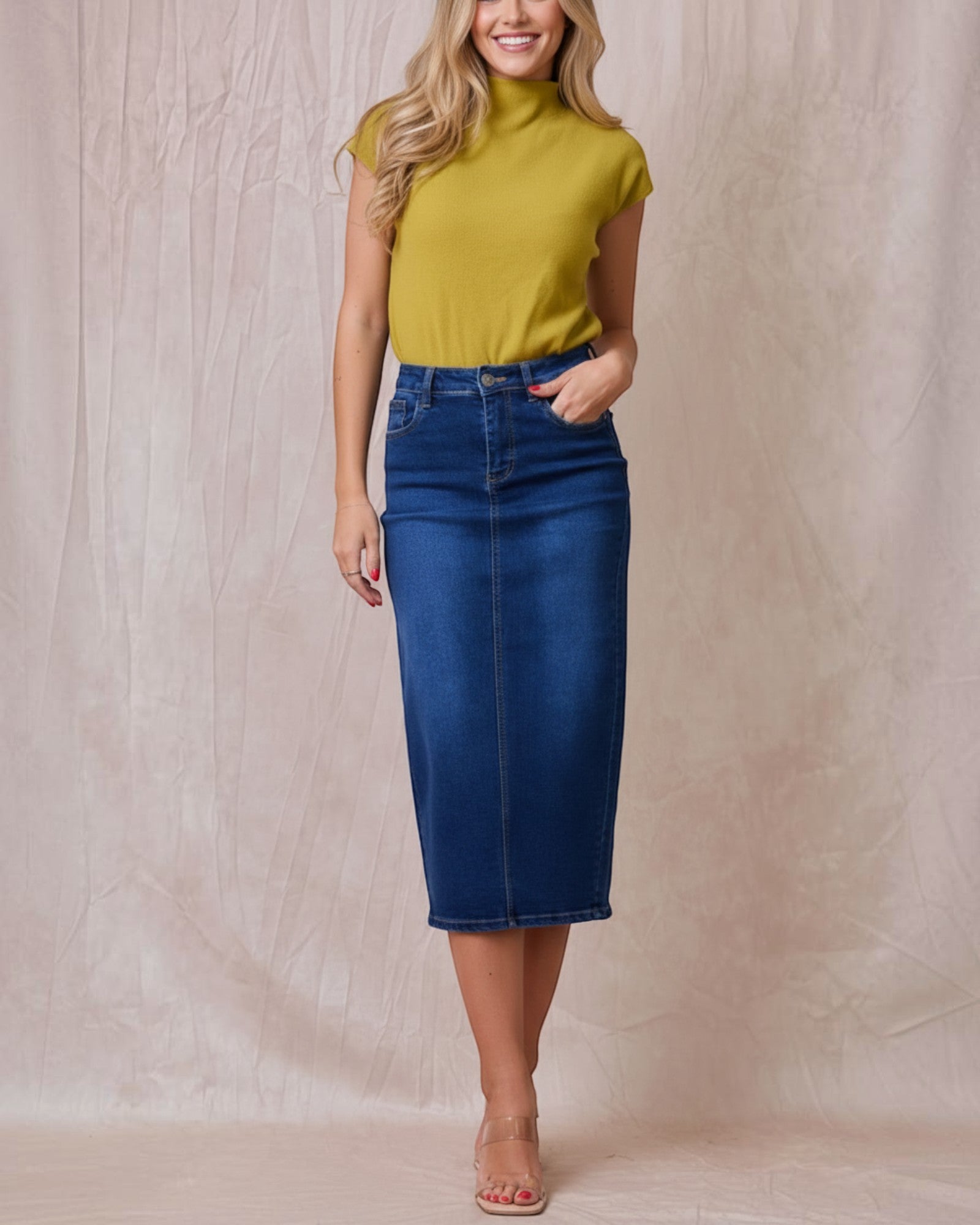 Jupe Longue Jean Femme Coton Stretch - Taille Mi-Haute