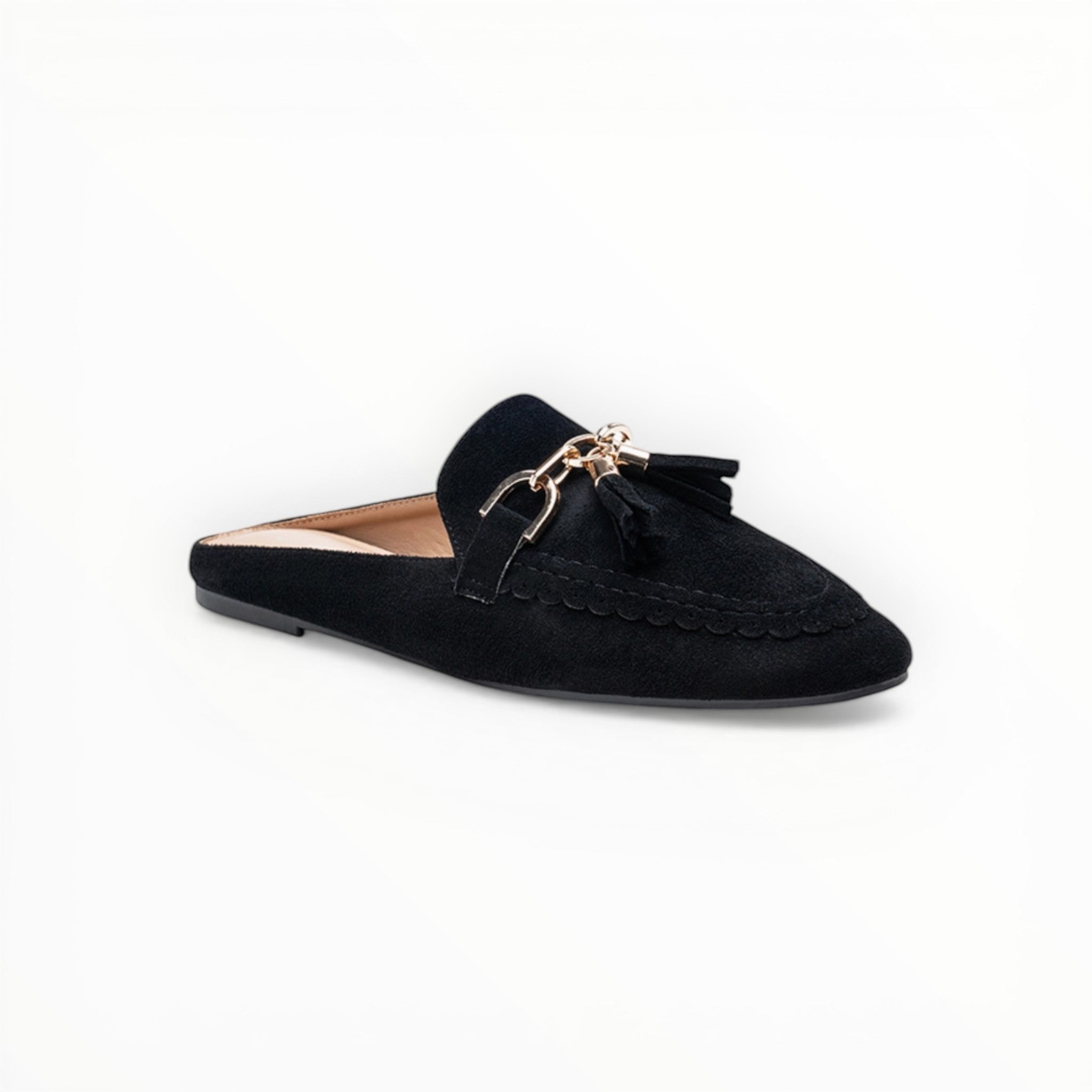 Mules mocassins suédine mors doré et pompons - Chaussure Femme - LADY GLORY