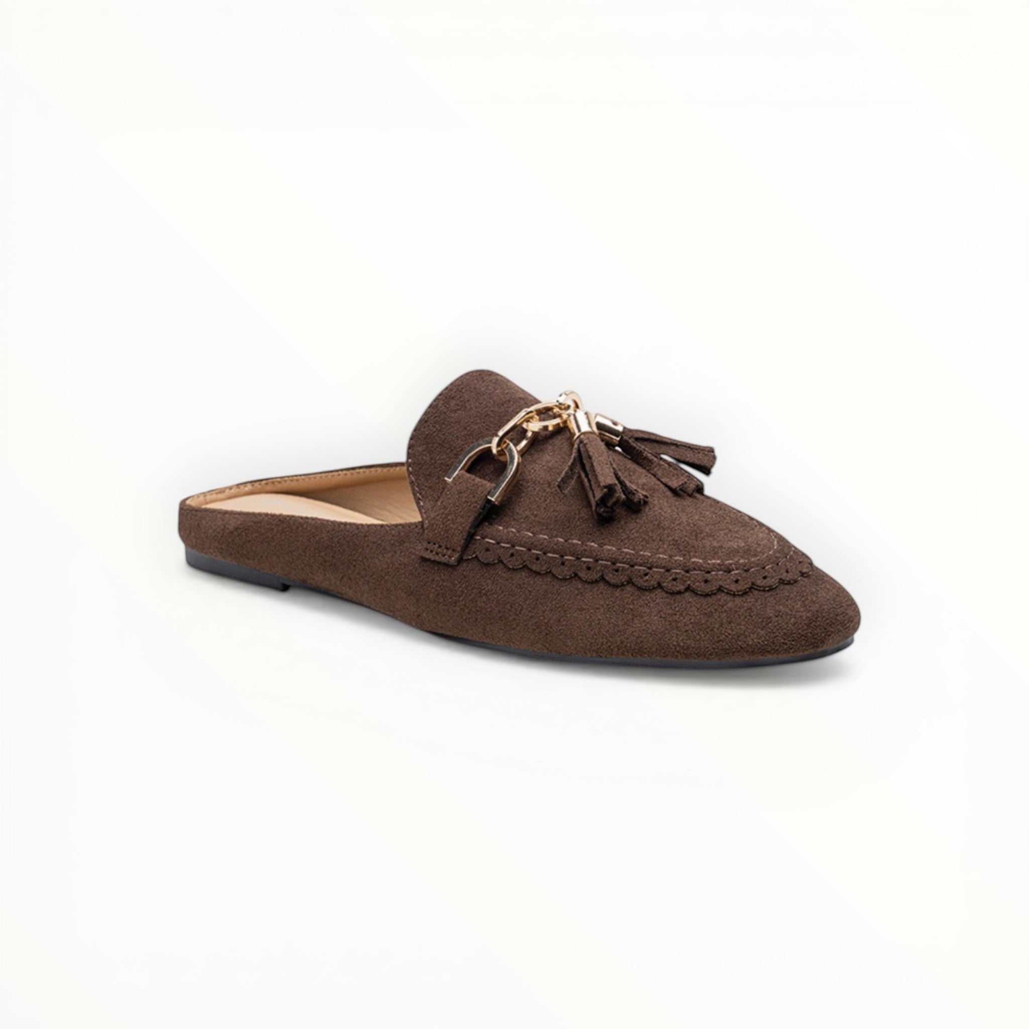 Mules mocassins suédine mors doré et pompons - Chaussure Femme - LADY GLORY