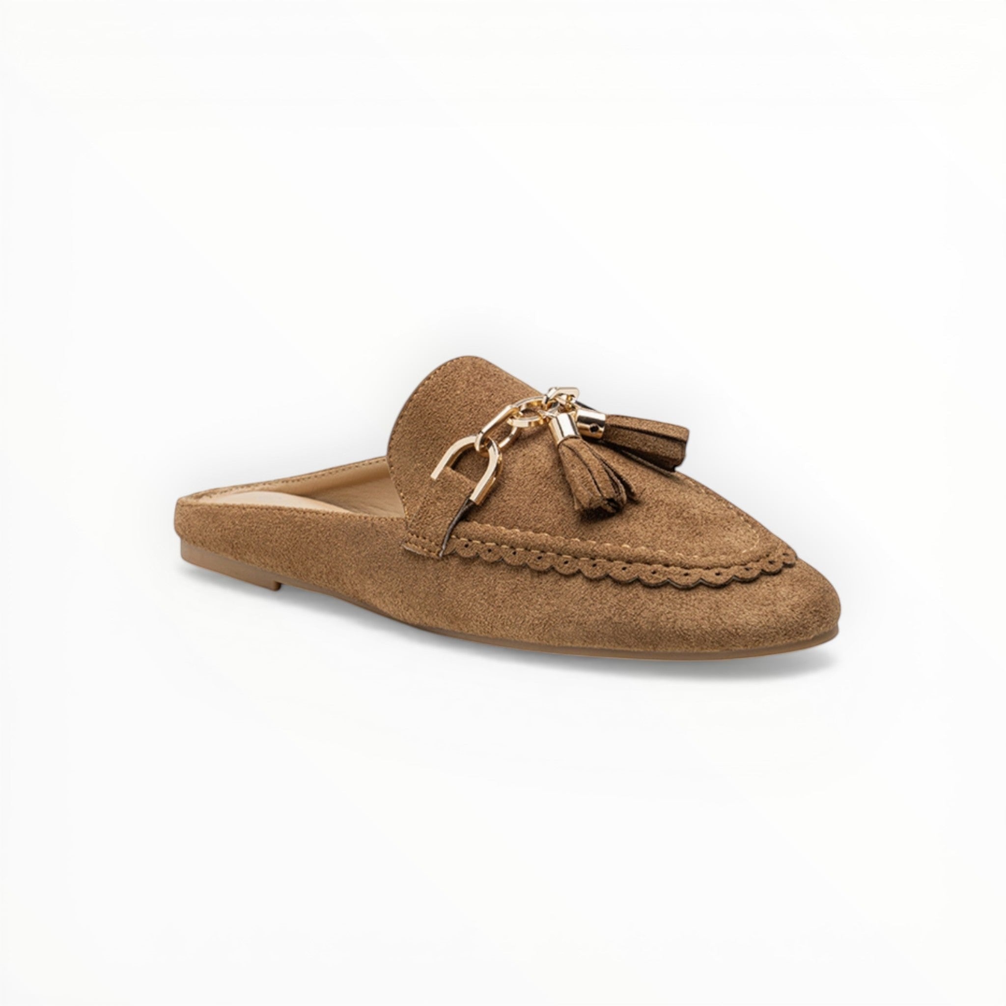 Mules mocassins suédine mors doré et pompons - Chaussure Femme - LADY GLORY