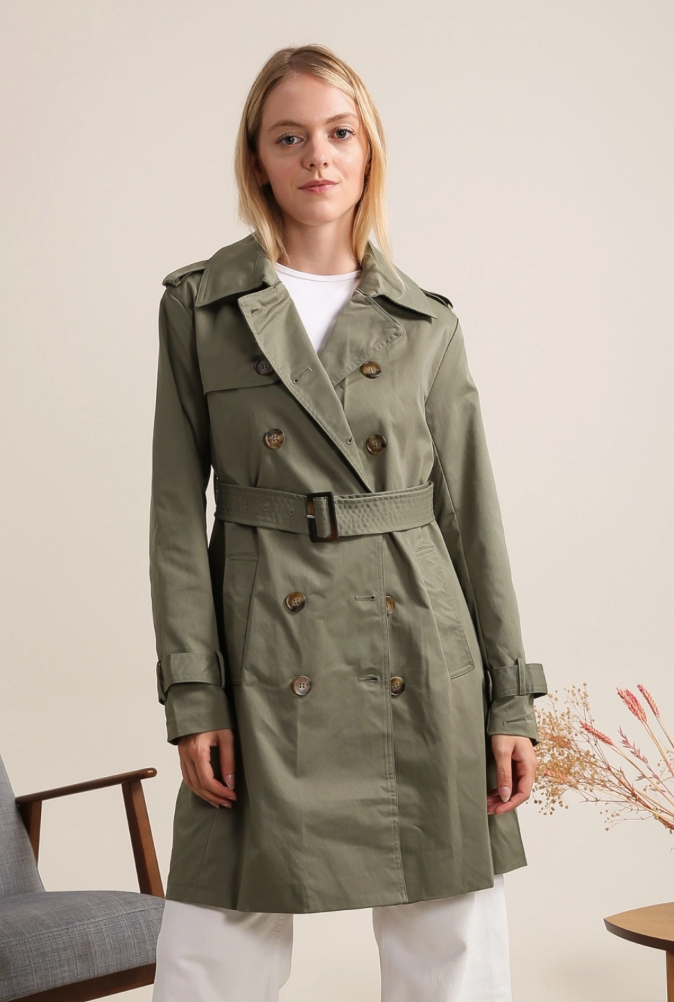 Trench coat mi-long double boutonnage avec ceinture