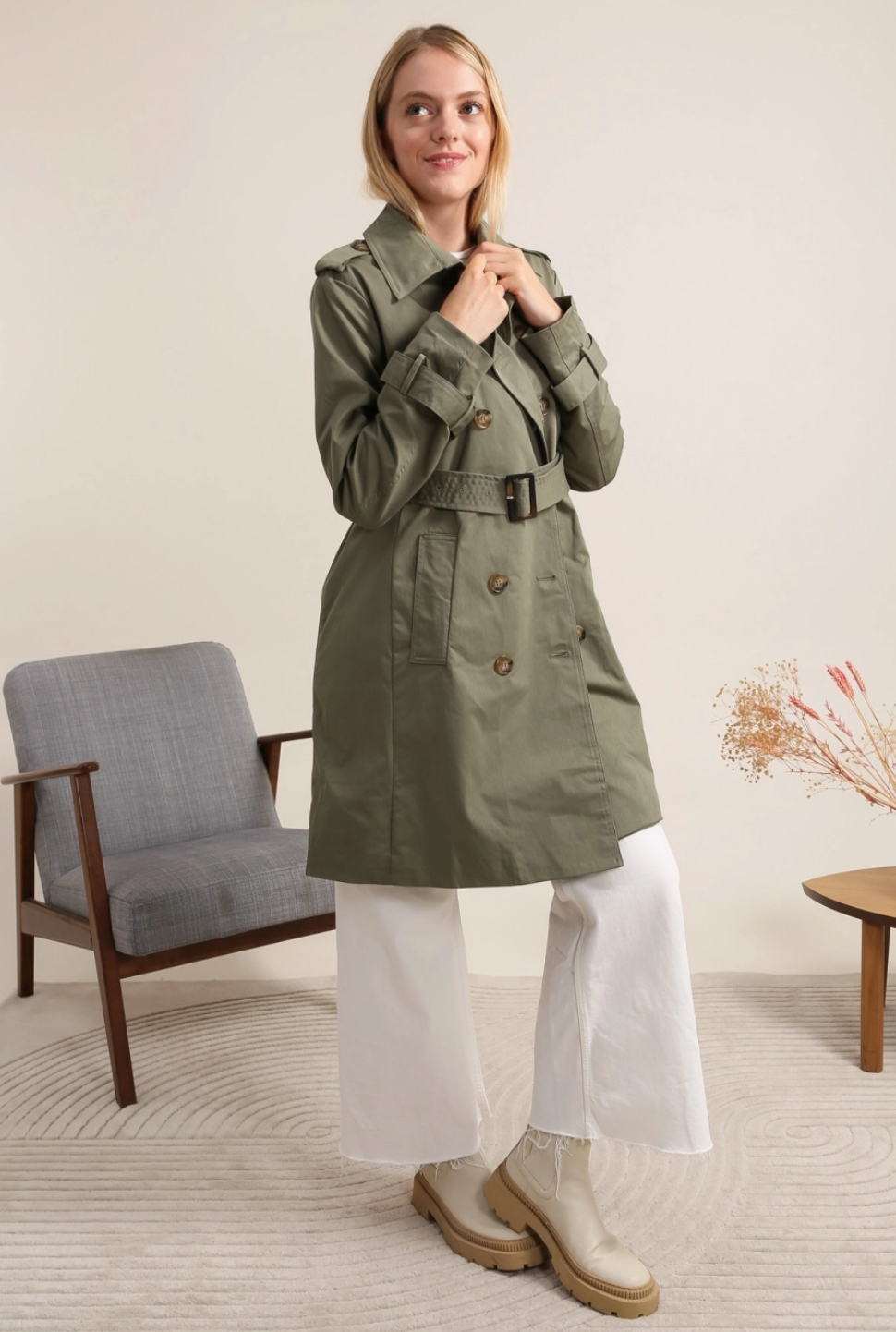 Trench coat mi-long double boutonnage avec ceinture