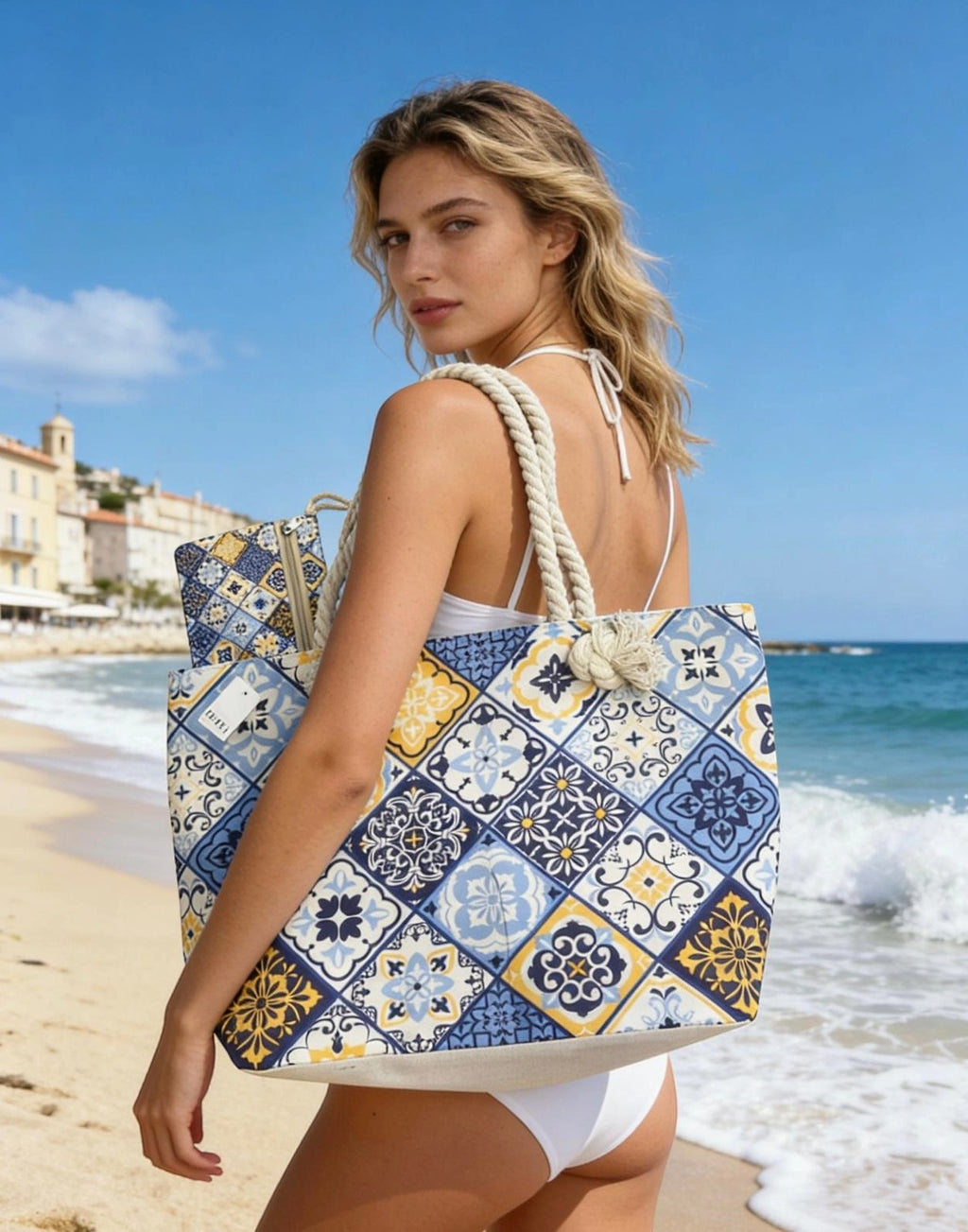 Sac de Plage Motif Mosaïque Bleu LINETA

Un sac de plage grand format aux motifs mosaïque bleus, élégant et fonctionnel. Livré avec une petite pochette assortie pour sécuriser vos essentiels : téléphone, clés, argent ou maquillage. L'accessoire idéal pour vos journées estivales.