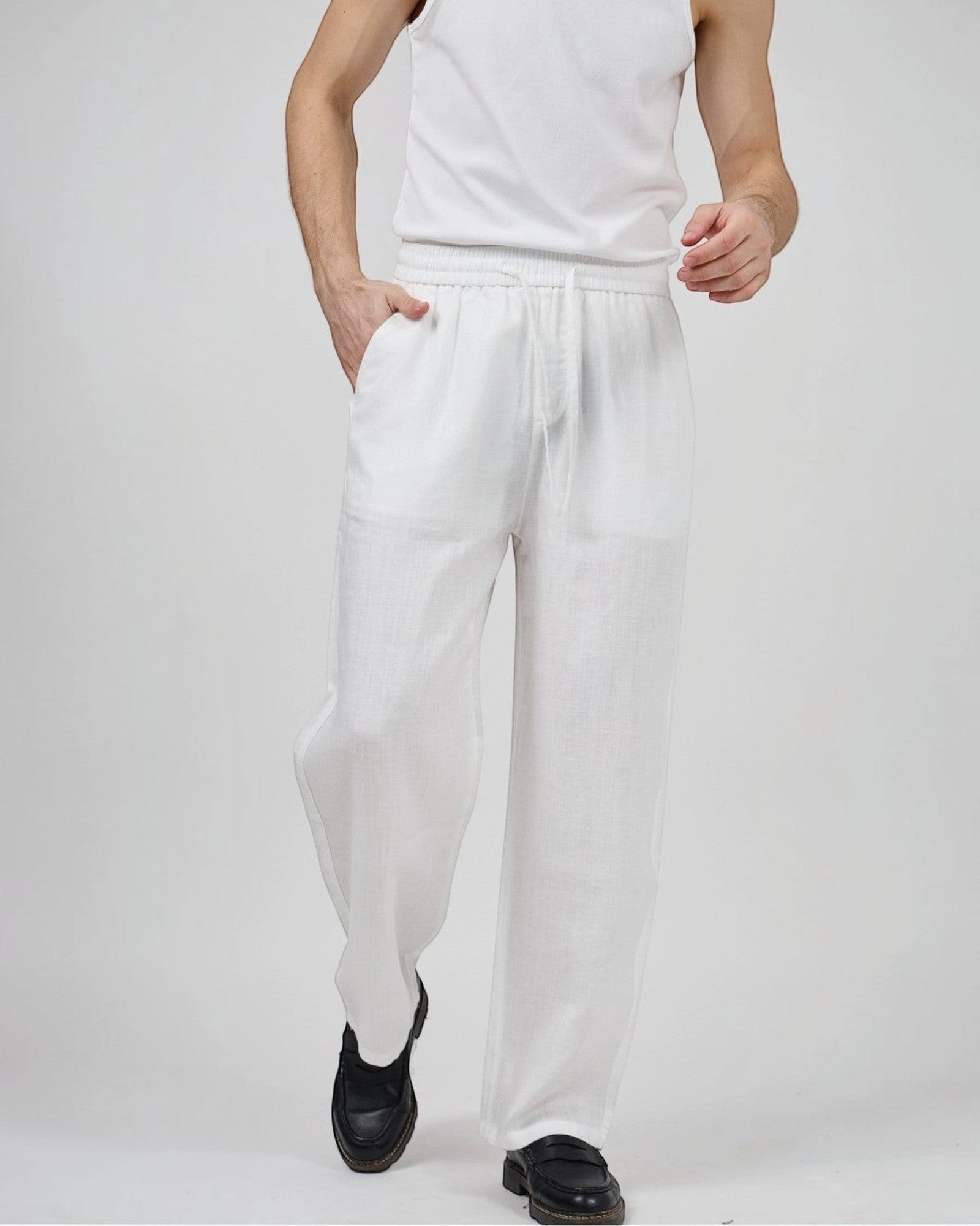 Pantalon homme en lin à taille élastique avec cordon de serrage
