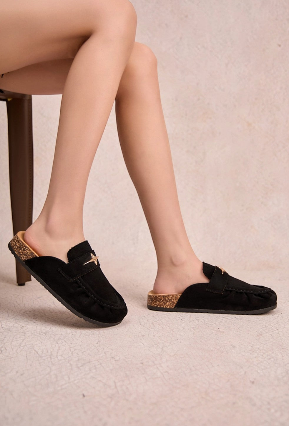 Mules en daim bijoux étoile semelle liège INIA