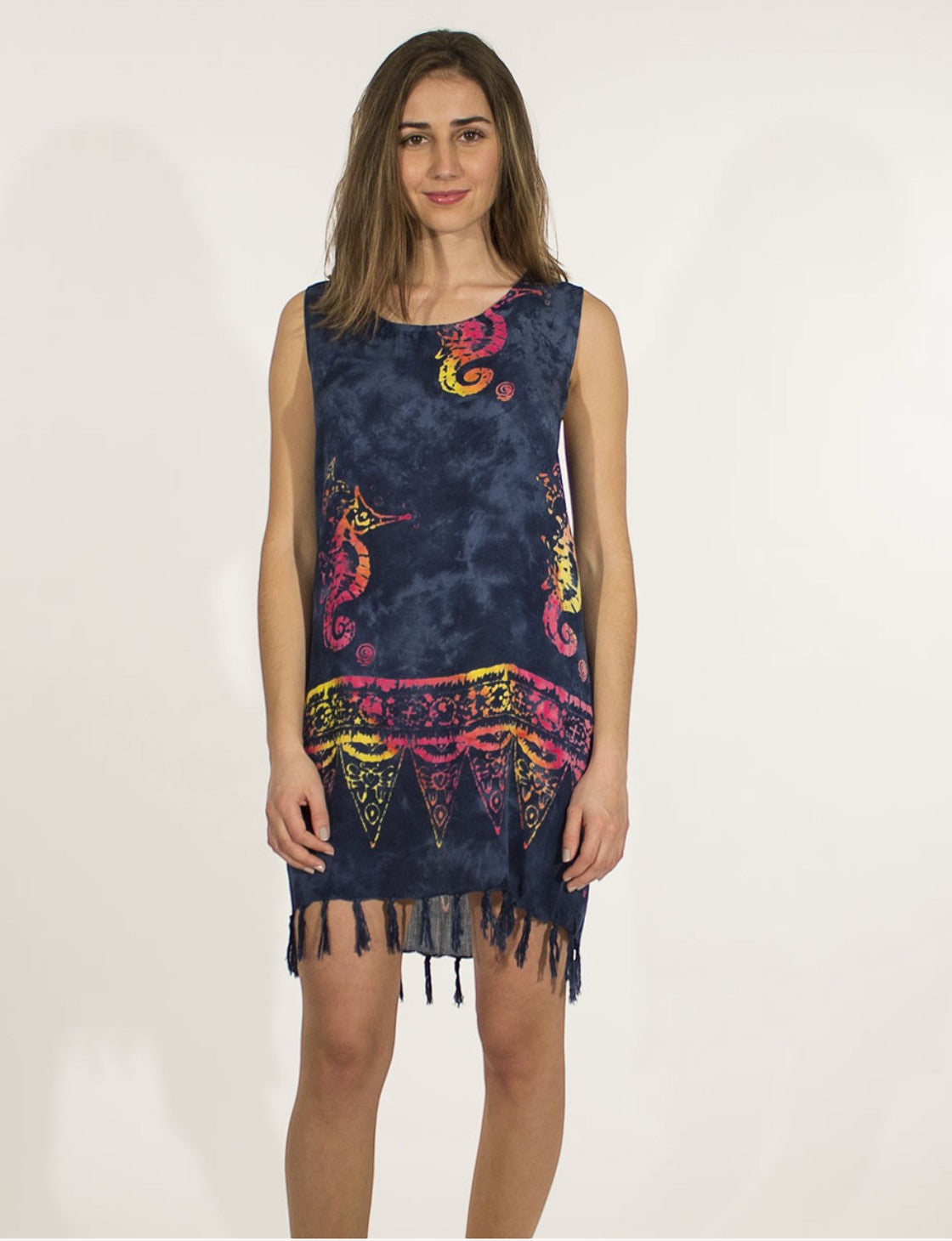 Robe de plage à franges imprimé ethnique délavé COLINE