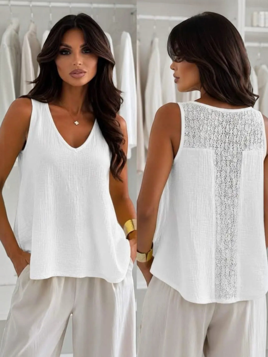 Top gaze de coton col V dentelle ISSYMA