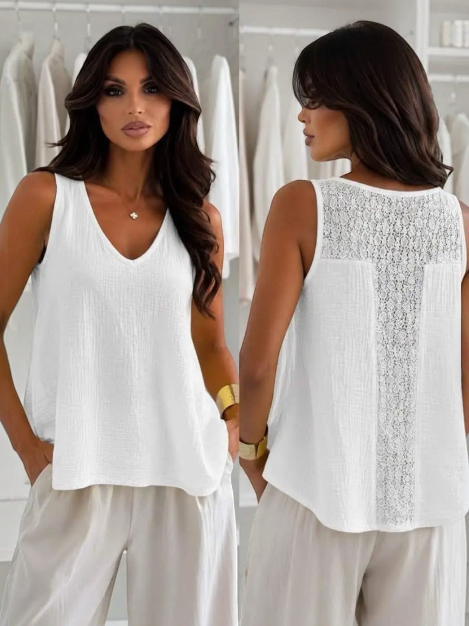 Top gaze de coton col V dentelle ISSYMA