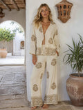 Ensemble Bohème Chic Brodé Beige Gilet Noué et Pantalon Fluide MISS CHARM