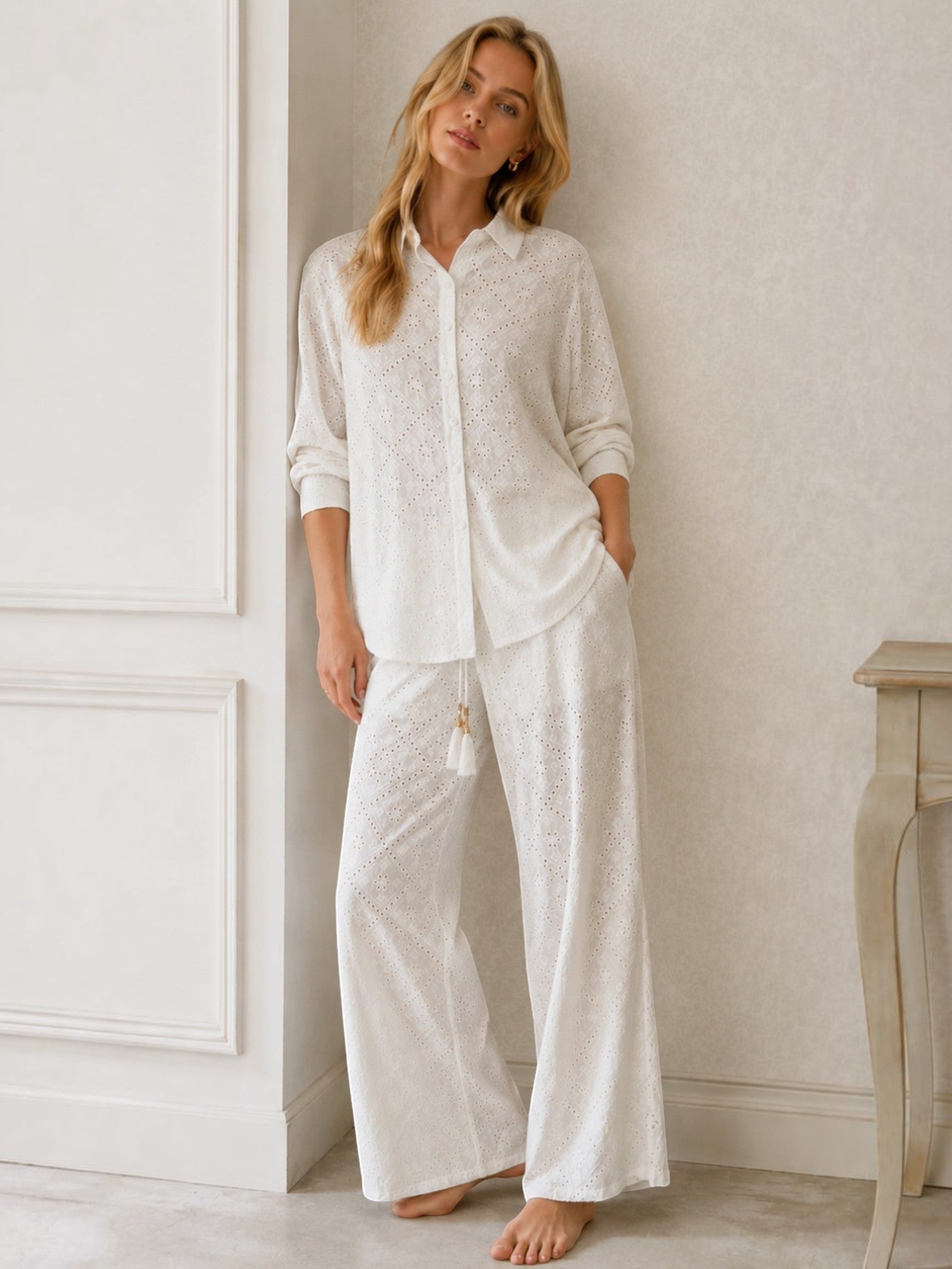 Ensemble Broderie Anglaise Chemise Oversize et Pantalon MISS CHARM