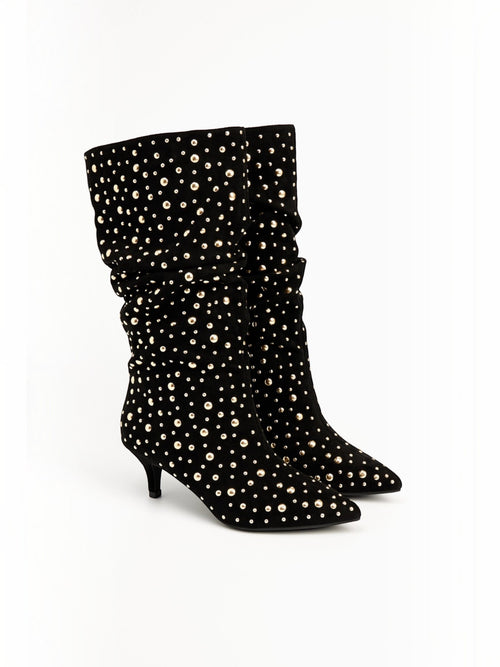 Bottes mi-mollet à talon aiguille clouté en suédine STEPHAN PARIS