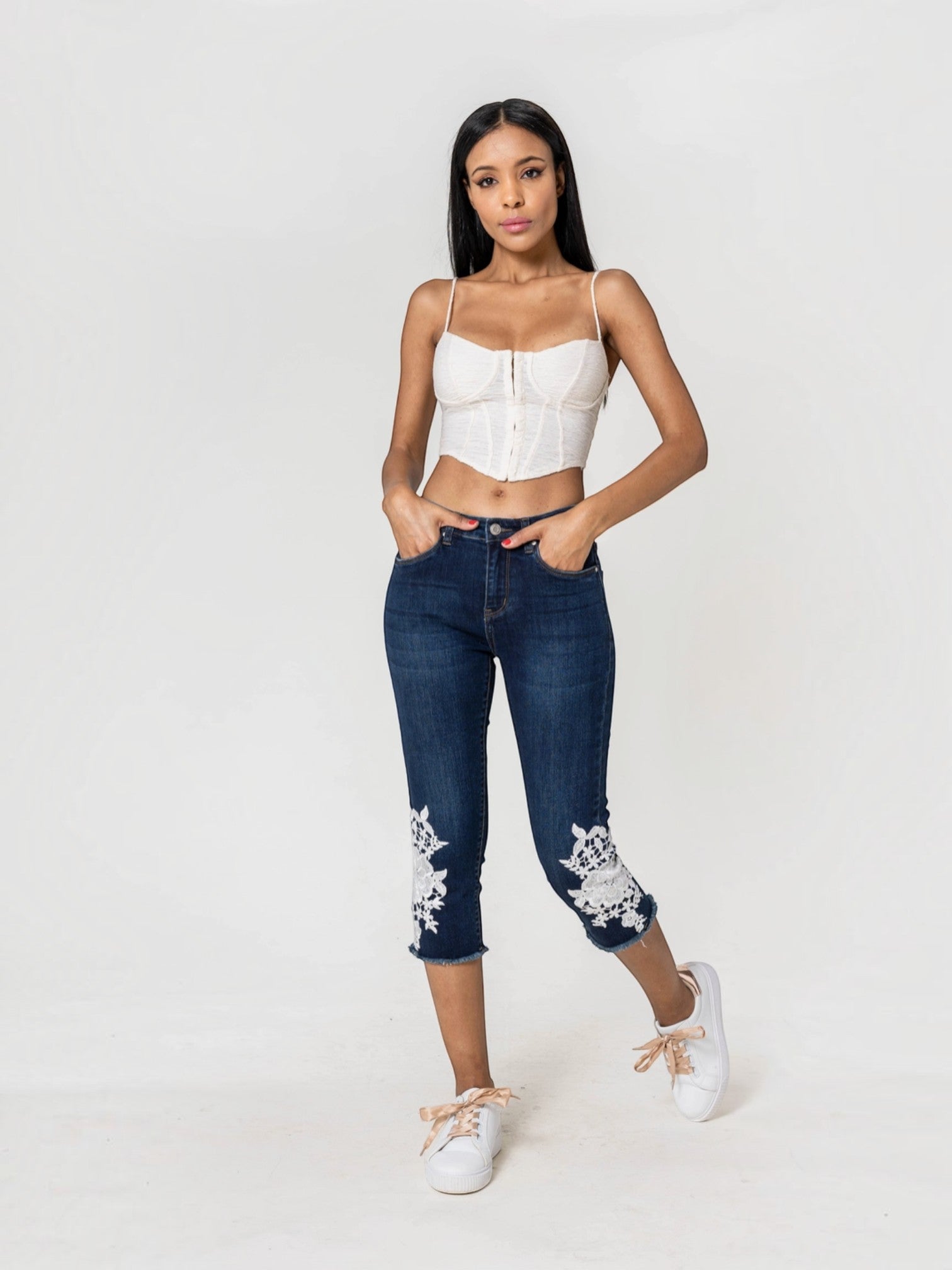 Pantacourt jean dentelle stretch taille haute NINA CARTER